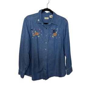 Vintage Classic Elements Halloween Denim Shirt Embroidered Pumpkin Cat Blue